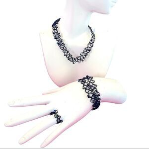 Vintage knit necklace-bracelet-ring set - peacock glass beads one size